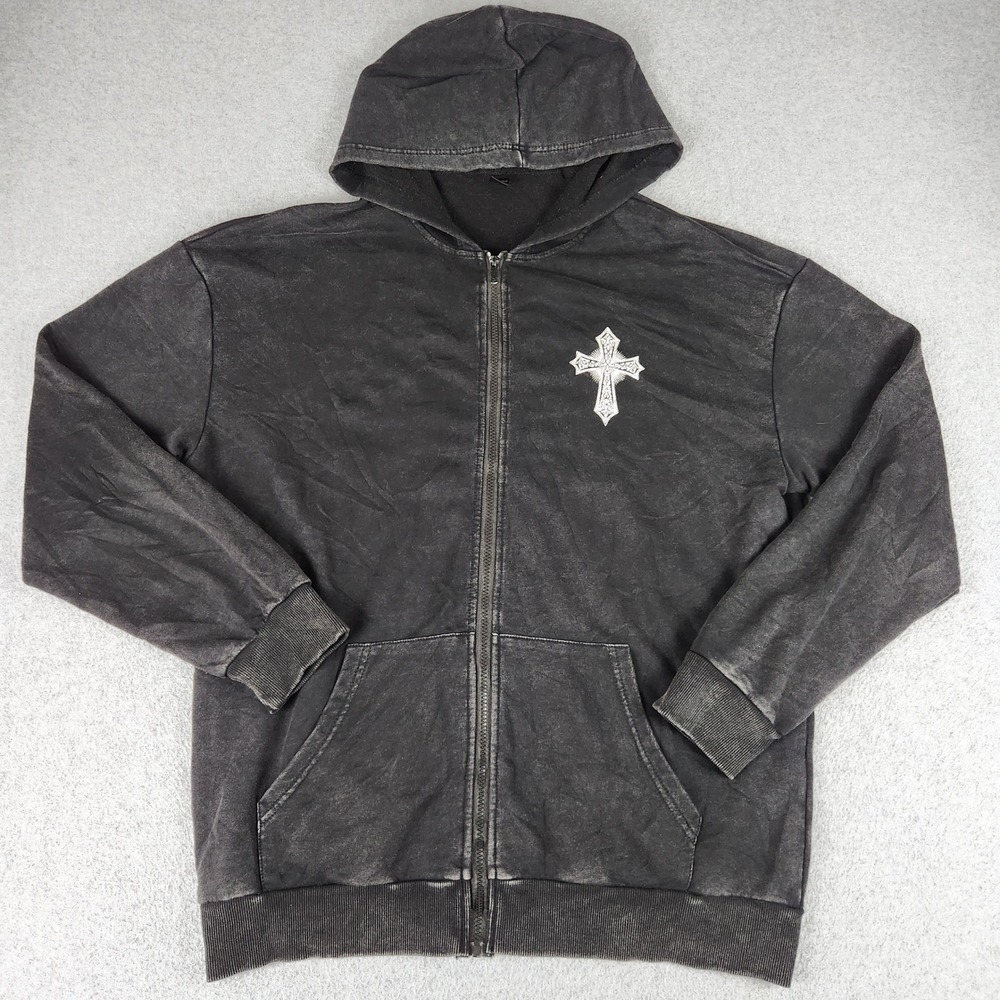 Romwe Hoodie Mens XL Black Cross Wings Graphic Print Acid Wash Gothic Full Zip